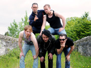 Top row (L to R). Tom Kilgallon as Boo and Owen Colgan as Buzz McDonnall. Bottom row (L to R) Martin Maloney as Eddie Durkan, Peter Cassidy as Frenchtoast and Chris Tordoff as 'The Viper'. Hardy Bucks, Series 3, RTÉ2