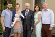 From left to right: Darren , Lesley and their baby Liv, Francis Brennan, and Lesley's parents Victor and Geraldine Mc Sweeney , At Your Service, RTÉ One