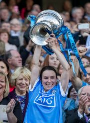 Blues Sisters Sinead Aherne lifts the Brendan Martin Cup 24/9/2017