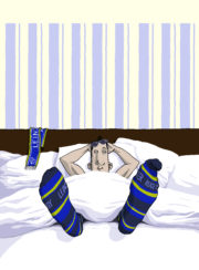 Ross in bed, illustration by Alan Clarke