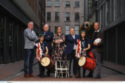 RTÉ Sport Rugby World Cup 2019 Launch Brent Pope, Bernard Jackman, Fiona Coughlan, Eddie O'Sullivan and Daire O'Brien alongside members of the EJ Taiko Team, Louis Bradley, left, and Sayako O'Donnell,