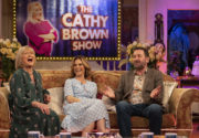 Joanna David, Emilia Fox and Lee Mack on sofa - All Round To Mrs Brown's Season 4, TX 2