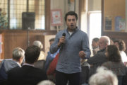 The South Westerlies Episode 2 of 6: Callum (Kevin Ryan) speaks at the Town Hall meeting in favour of the windfarms